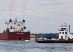 Sugar Island Ferry crosses the St. Marys River.