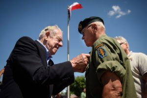 Gen. (retired) James Lindsay pins a Vietnam Veteran lapel pin onto JV Stephenson during the Vietnam War Remembrance Ceremony on Saturday, May 7, 2016, at The Airborne & Special Operations Museum . This ceremony honors and thanks all veterans, all services of the Vietnam War.